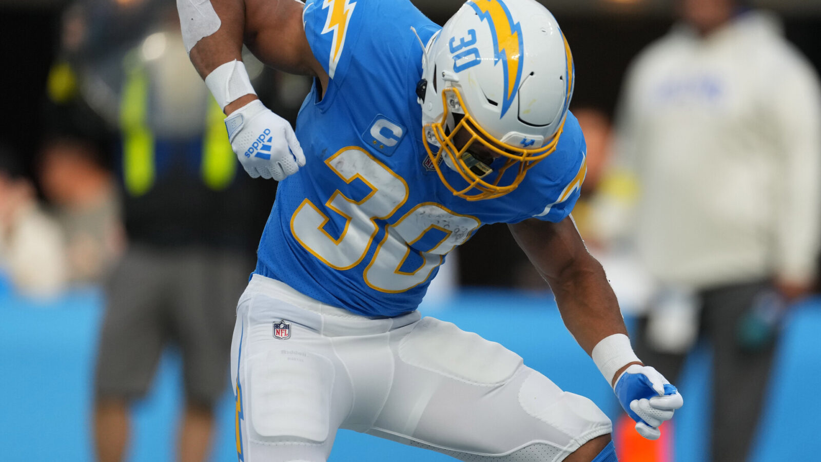 Los Angeles Chargers running back Austin Ekeler (30) celebrates after a touchdown against the Los Angeles Rams in the first half at SoFi Stadium.