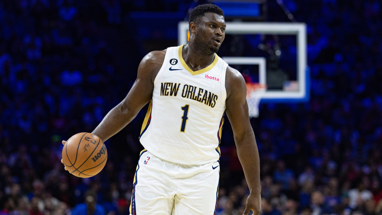 Jan 2, 2023; Philadelphia, Pennsylvania, USA; New Orleans Pelicans forward Zion Williamson (1) in action against the Philadelphia 76ers during the third quarter at Wells Fargo Center.
