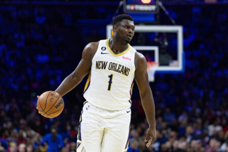 Jan 2, 2023; Philadelphia, Pennsylvania, USA; New Orleans Pelicans forward Zion Williamson (1) in action against the Philadelphia 76ers during the third quarter at Wells Fargo Center.