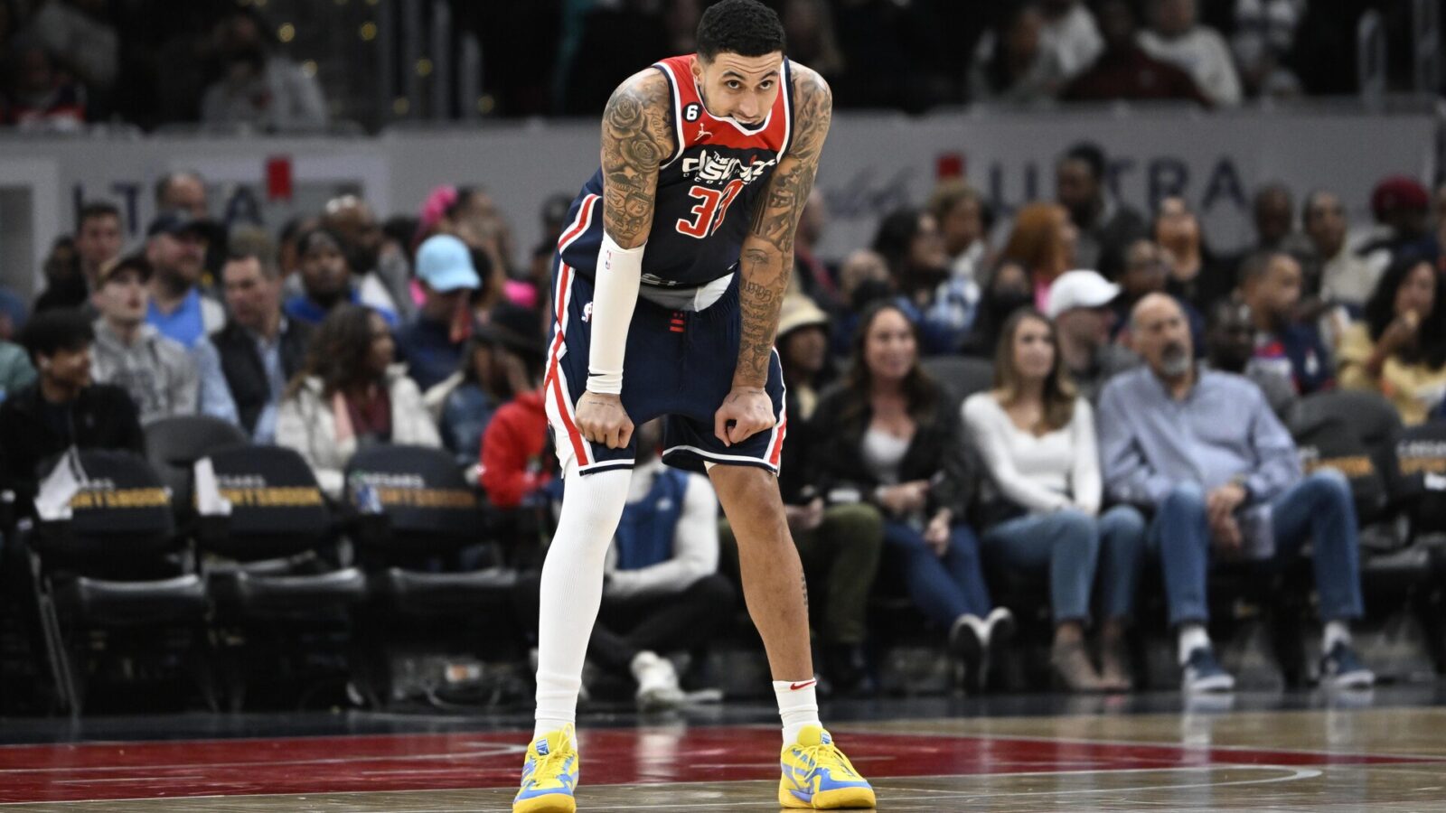 Mar 18, 2023; Washington, District of Columbia, USA; Washington Wizards forward Kyle Kuzma (33) looks on against the Sacramento Kings during the second half at Capital One Arena.
