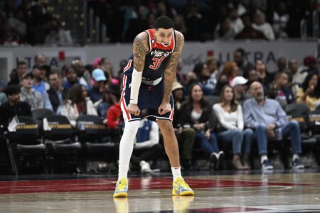 Mar 18, 2023; Washington, District of Columbia, USA; Washington Wizards forward Kyle Kuzma (33) looks on against the Sacramento Kings during the second half at Capital One Arena.