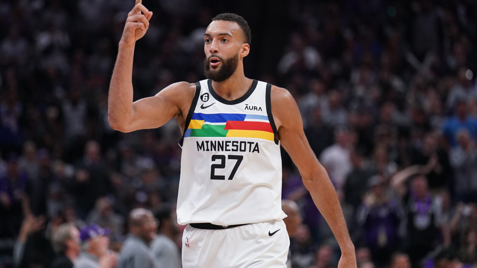 Minnesota Timberwolves center Rudy Gobert (27) reacts after being called for a foul against the Sacramento Kings in the second quarter at the Golden 1 Center.