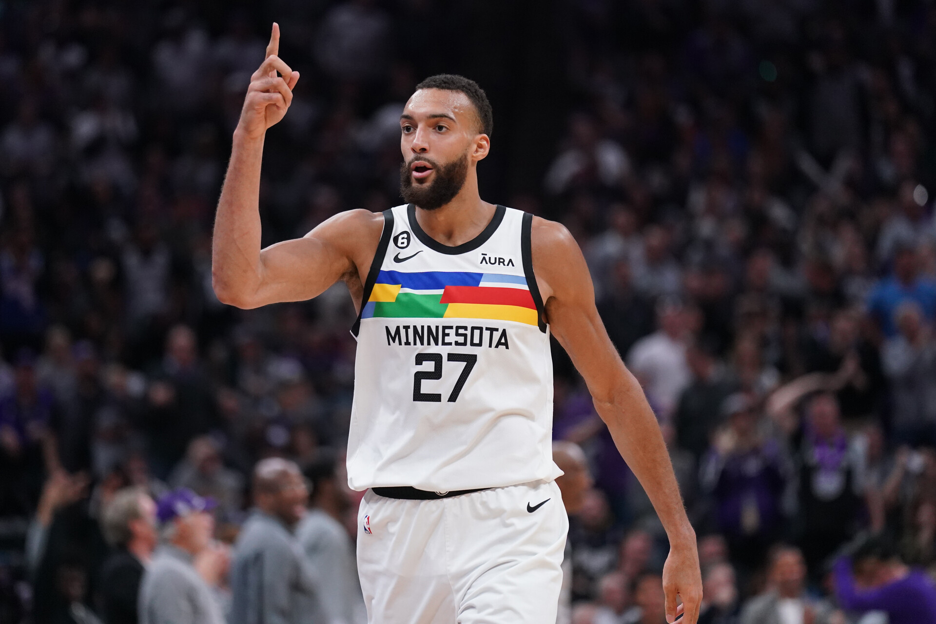 Minnesota Timberwolves center Rudy Gobert (27) reacts after being called for a foul against the Sacramento Kings in the second quarter at the Golden 1 Center.