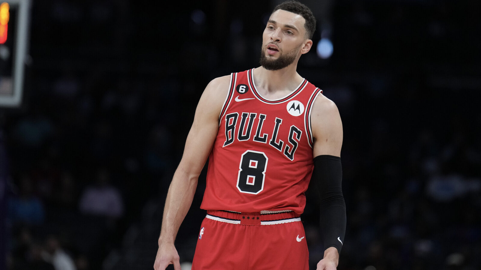 Mar 31, 2023; Charlotte, North Carolina, USA; Chicago Bulls center Nikola Vucevic (9) on the court in the first quarter against the Charlotte Hornets at Spectrum Center.