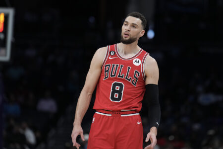 Mar 31, 2023; Charlotte, North Carolina, USA; Chicago Bulls center Nikola Vucevic (9) on the court in the first quarter against the Charlotte Hornets at Spectrum Center.