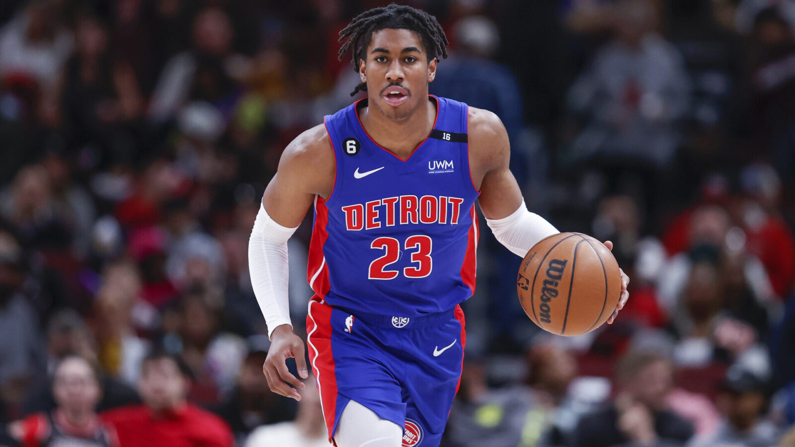 Apr 9, 2023; Chicago, Illinois, USA; Detroit Pistons guard Jaden Ivey (23) brings the ball up court against the Chicago Bulls during the second half at United Center.