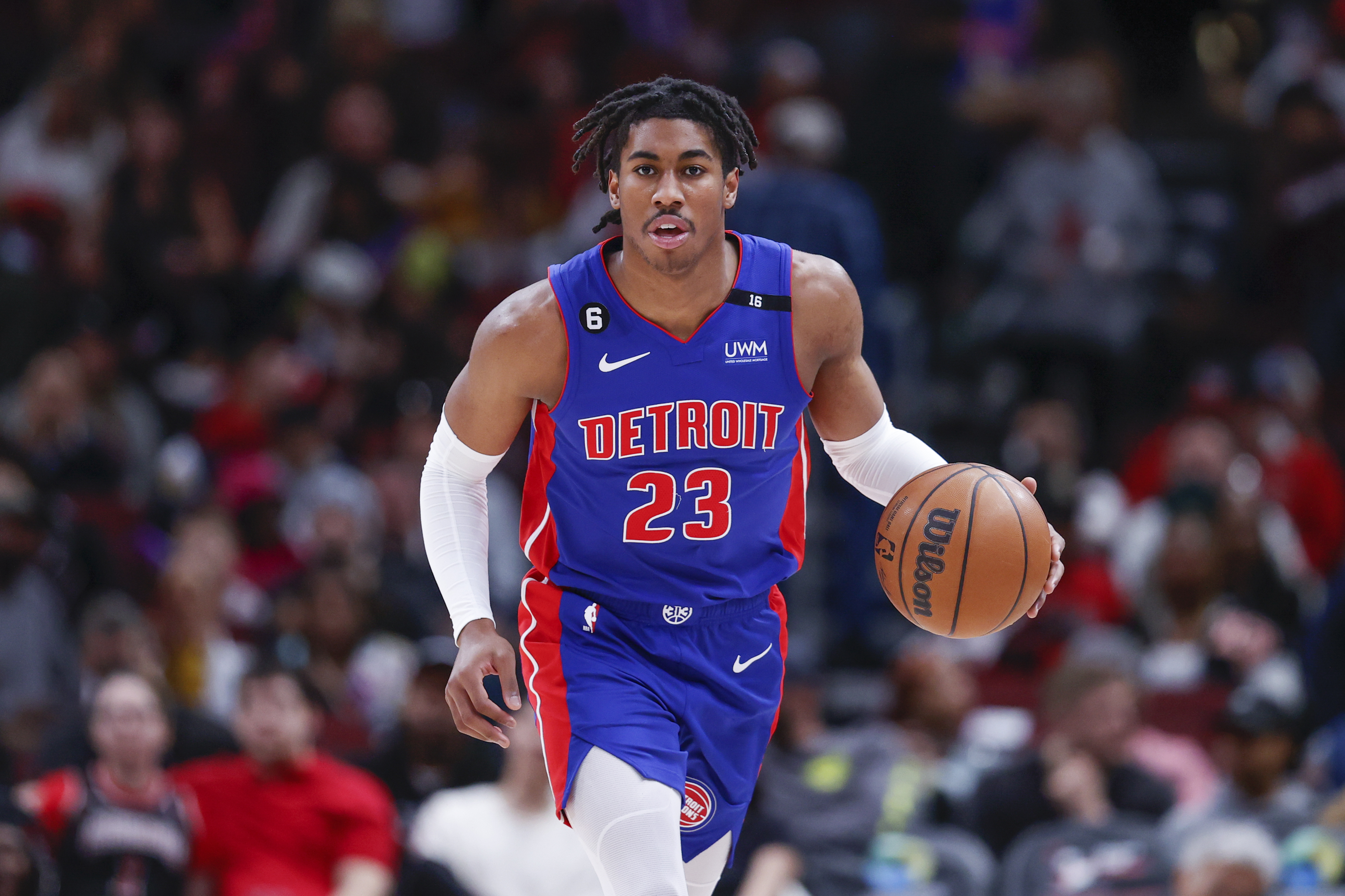 Apr 9, 2023; Chicago, Illinois, USA; Detroit Pistons guard Jaden Ivey (23) brings the ball up court against the Chicago Bulls during the second half at United Center.