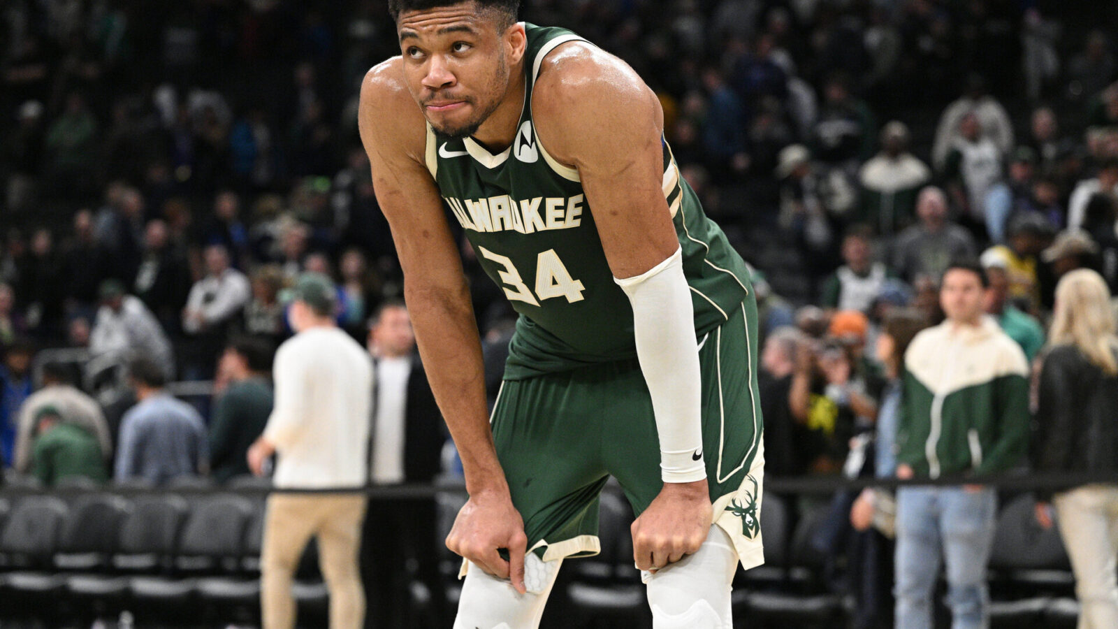 Apr 26, 2023; Milwaukee, Wisconsin, USA; Milwaukee Bucks forward Giannis Antetokounmpo (34) stands in the center of the court after a 128-126 loss to the Miami Heat during game five of the 2023 NBA Playoffs at Fiserv Forum.