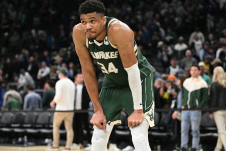 Apr 26, 2023; Milwaukee, Wisconsin, USA; Milwaukee Bucks forward Giannis Antetokounmpo (34) stands in the center of the court after a 128-126 loss to the Miami Heat during game five of the 2023 NBA Playoffs at Fiserv Forum.