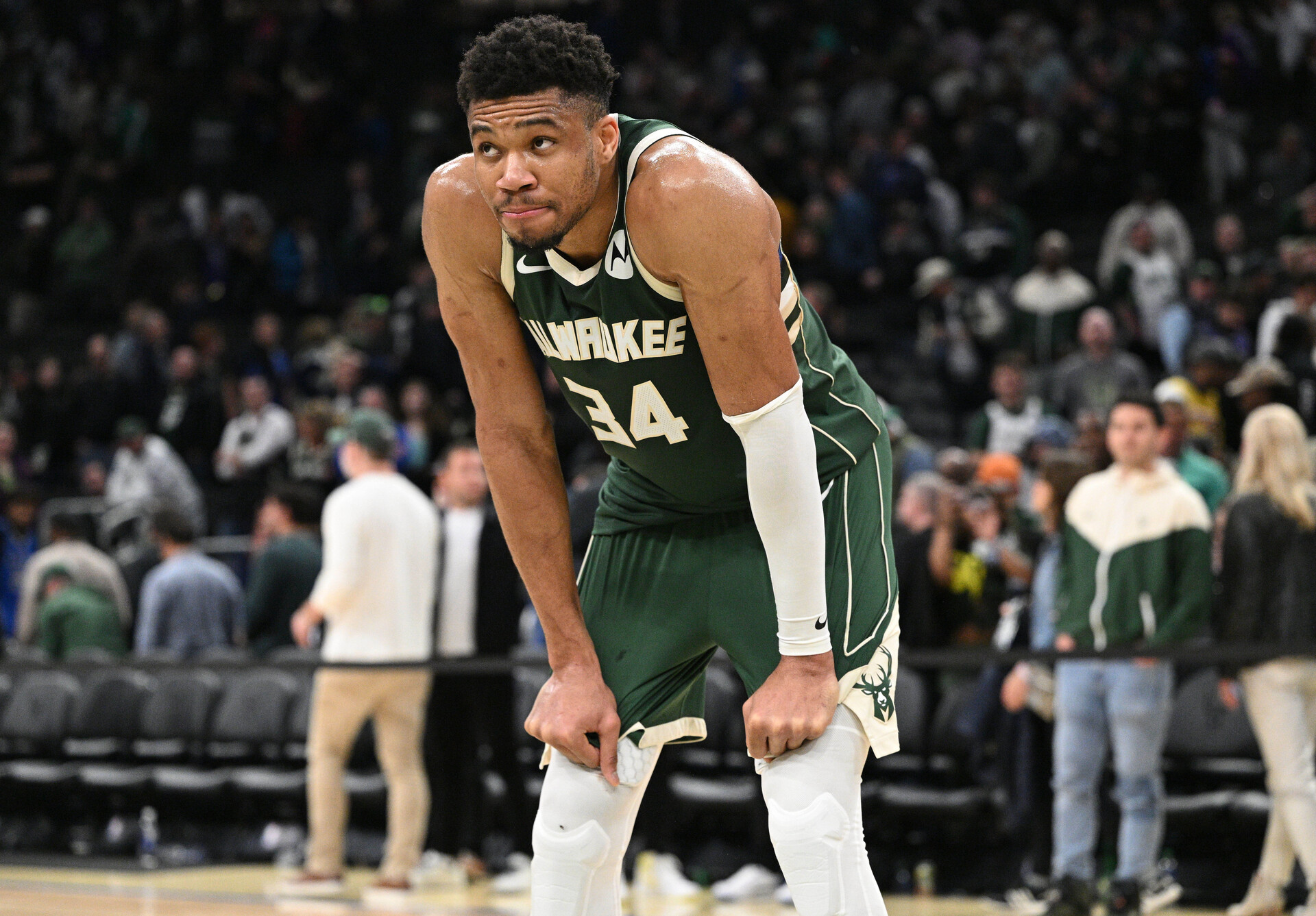 Apr 26, 2023; Milwaukee, Wisconsin, USA; Milwaukee Bucks forward Giannis Antetokounmpo (34) stands in the center of the court after a 128-126 loss to the Miami Heat during game five of the 2023 NBA Playoffs at Fiserv Forum.