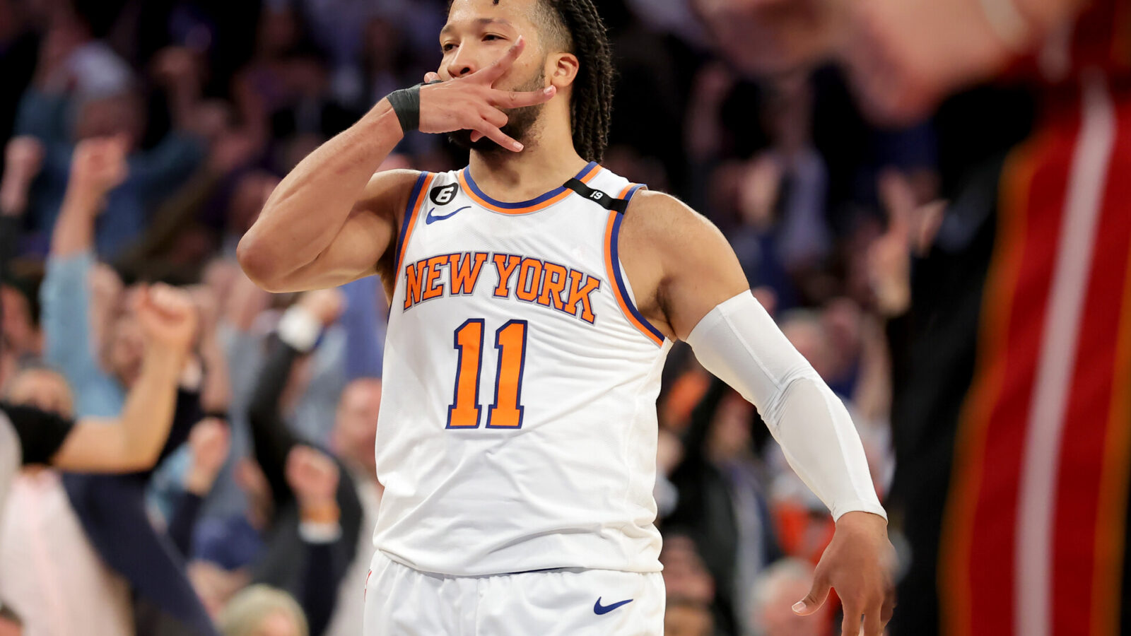 New York Knicks guard Jalen Brunson (11) celebrates his three point shot against the Miami Heat during the fourth quarter of game two of the 2023 NBA Eastern Conference semifinal playoffs at Madison Square Garden.