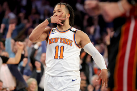 New York Knicks guard Jalen Brunson (11) celebrates his three point shot against the Miami Heat during the fourth quarter of game two of the 2023 NBA Eastern Conference semifinal playoffs at Madison Square Garden.