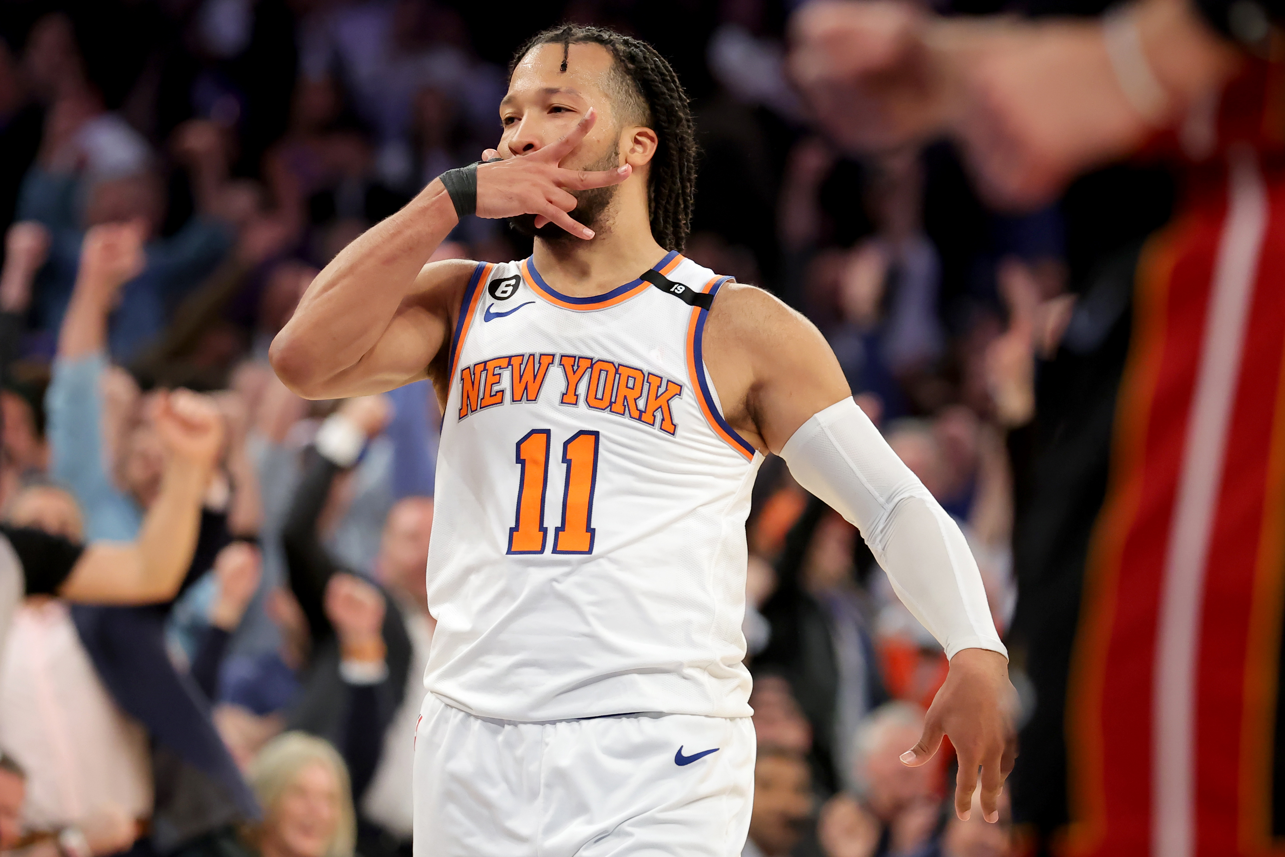 New York Knicks guard Jalen Brunson (11) celebrates his three point shot against the Miami Heat during the fourth quarter of game two of the 2023 NBA Eastern Conference semifinal playoffs at Madison Square Garden.