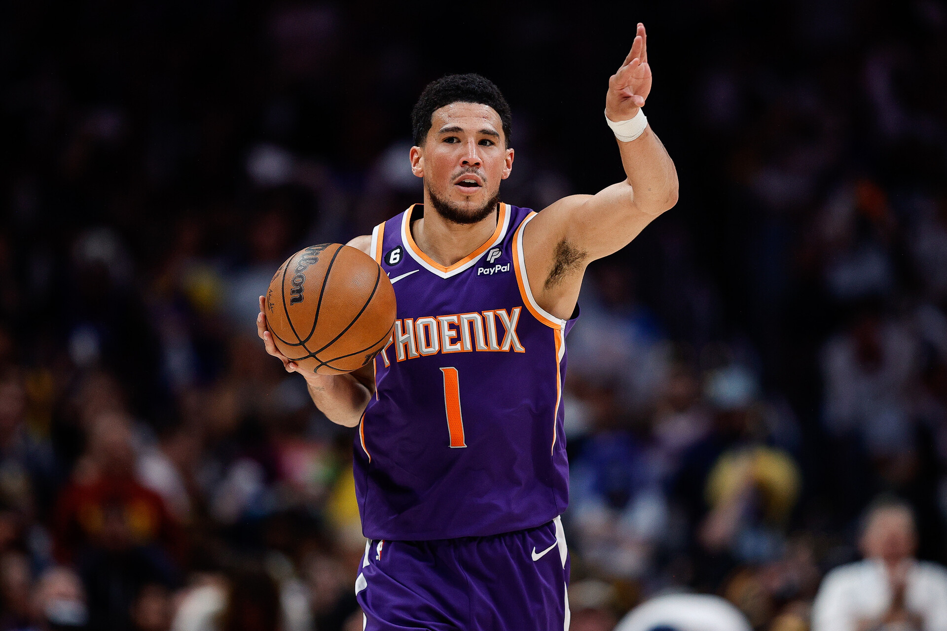 May 9, 2023; Denver, Colorado, USA; Phoenix Suns guard Devin Booker (1) controls the ball in the first quarter against the Denver Nuggets during game five of the 2023 NBA playoffs at Ball Arena.