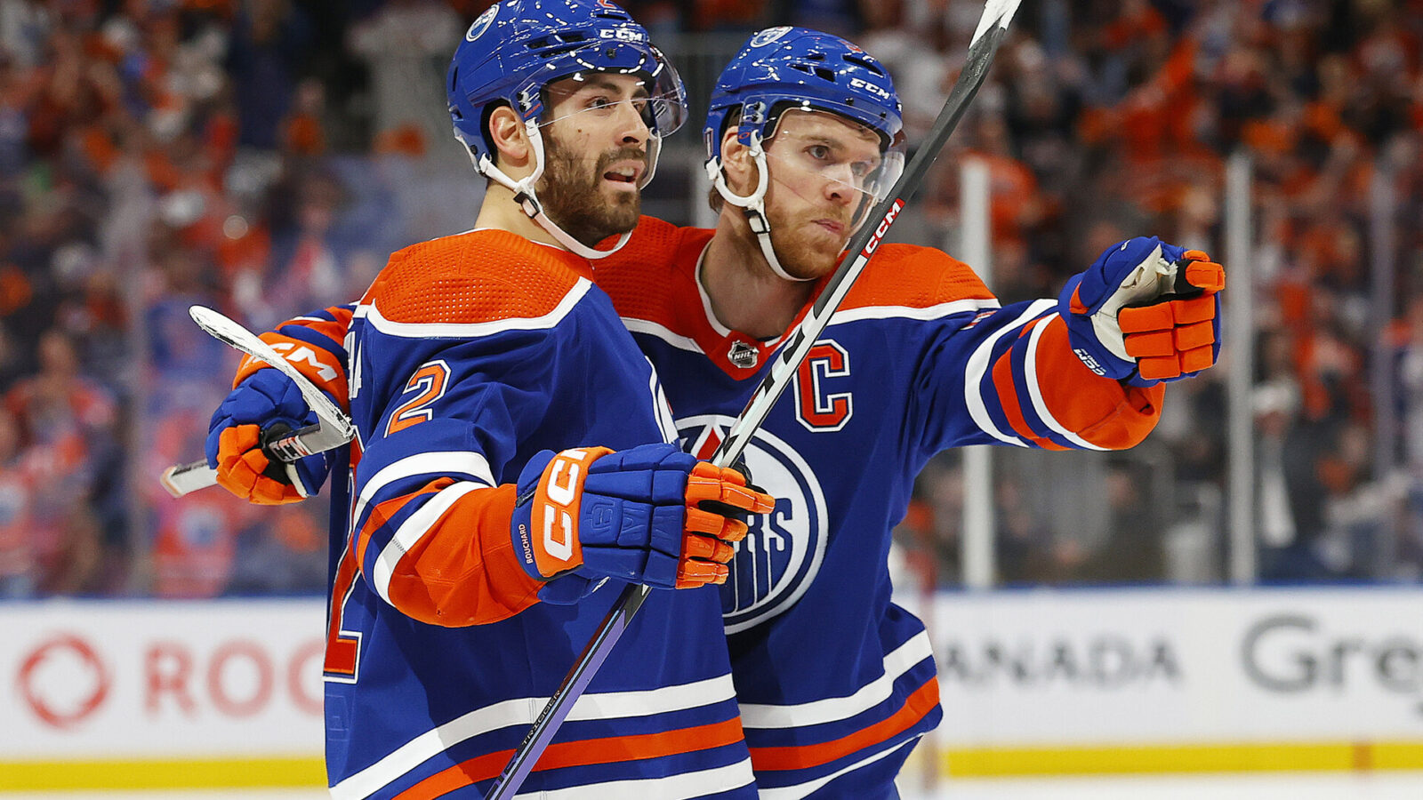 The Edmonton Oilers celebrate a goal scored by defensemen Evan Bouchard (2) during the first period against the Vegas Golden Knights in game four of the second round of the 2023 Stanley Cup Playoffs at Rogers Place.