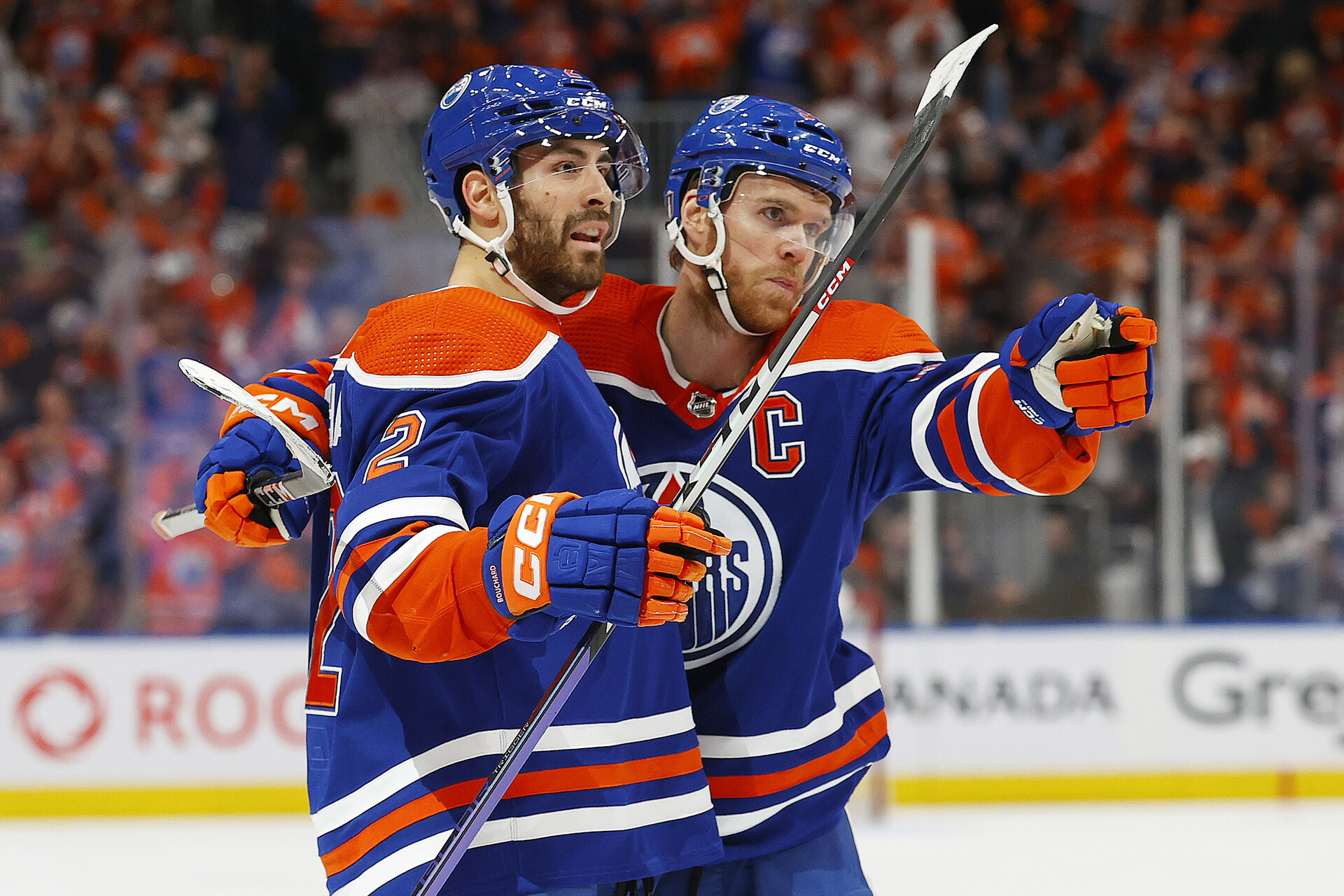 The Edmonton Oilers celebrate a goal scored by defensemen Evan Bouchard (2) during the first period against the Vegas Golden Knights in game four of the second round of the 2023 Stanley Cup Playoffs at Rogers Place.