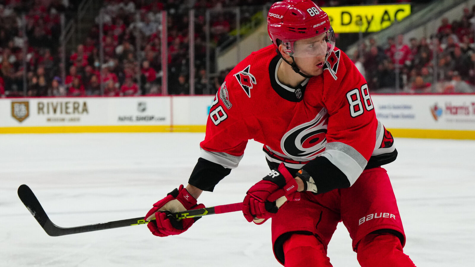 May 5, 2023; Raleigh, North Carolina, USA; Carolina Hurricanes center Martin Necas (88) watches his shot against the New Jersey Devils during the first period in game two of the second round of the 2023 Stanley Cup Playoffs at PNC Arena.