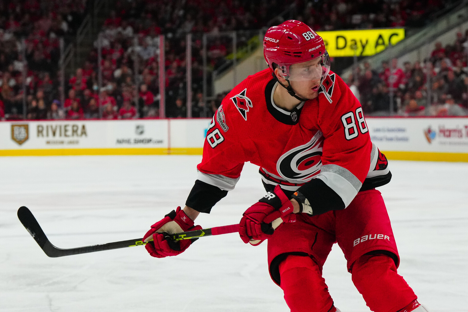 May 5, 2023; Raleigh, North Carolina, USA; Carolina Hurricanes center Martin Necas (88) watches his shot against the New Jersey Devils during the first period in game two of the second round of the 2023 Stanley Cup Playoffs at PNC Arena.