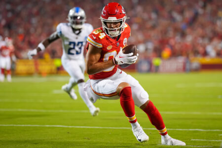 Sep 7, 2023; Kansas City, Missouri, USA; Kansas City Chiefs wide receiver Justin Watson (84) catches a pass against the Detroit Lions during the first half at GEHA Field at Arrowhead Stadium.