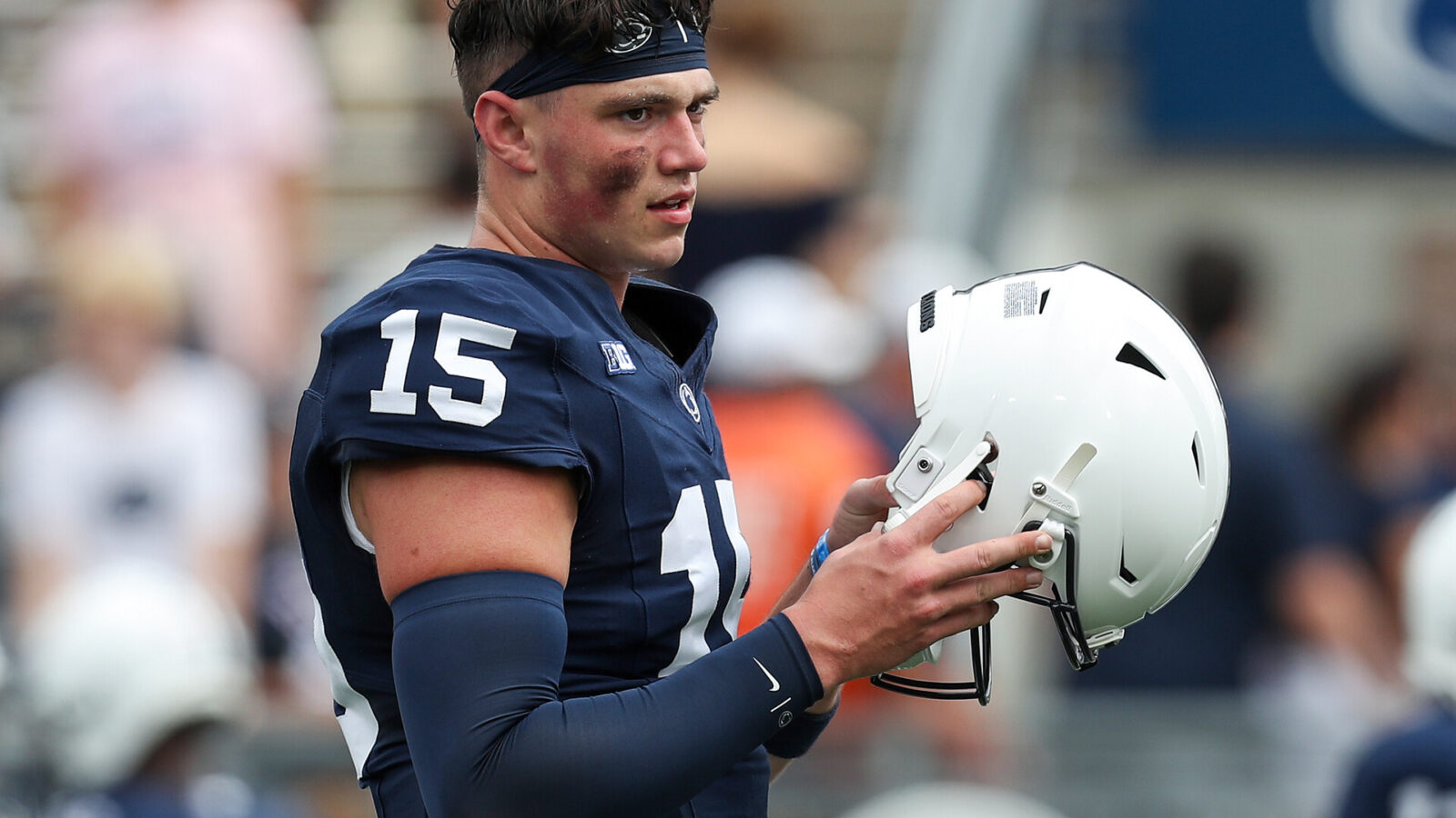 Penn State Nittany Lions quarterback Drew Allar (15) looks on from the field during a warm up prior to the game against the Delaware Fightin' Blue Hens at Beaver Stadium.