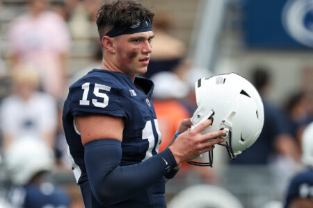 Penn State Nittany Lions quarterback Drew Allar (15) looks on from the field during a warm up prior to the game against the Delaware Fightin' Blue Hens at Beaver Stadium.