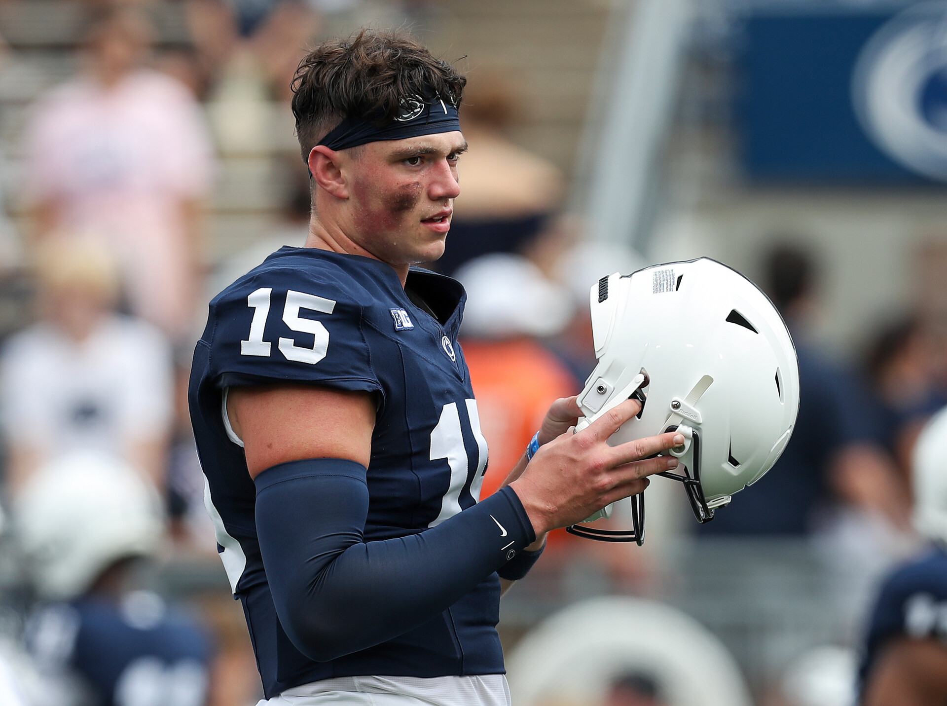 Penn State Nittany Lions quarterback Drew Allar (15) looks on from the field during a warm up prior to the game against the Delaware Fightin' Blue Hens at Beaver Stadium.