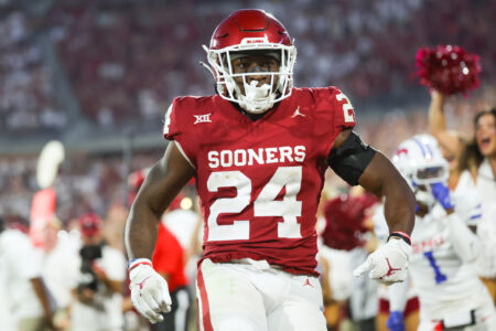 Oklahoma Sooners running back Marcus Major (24) reacts after scoring a touchdown during the fourth quarter against the Southern Methodist Mustangs at Gaylord Family-Oklahoma Memorial Stadium.