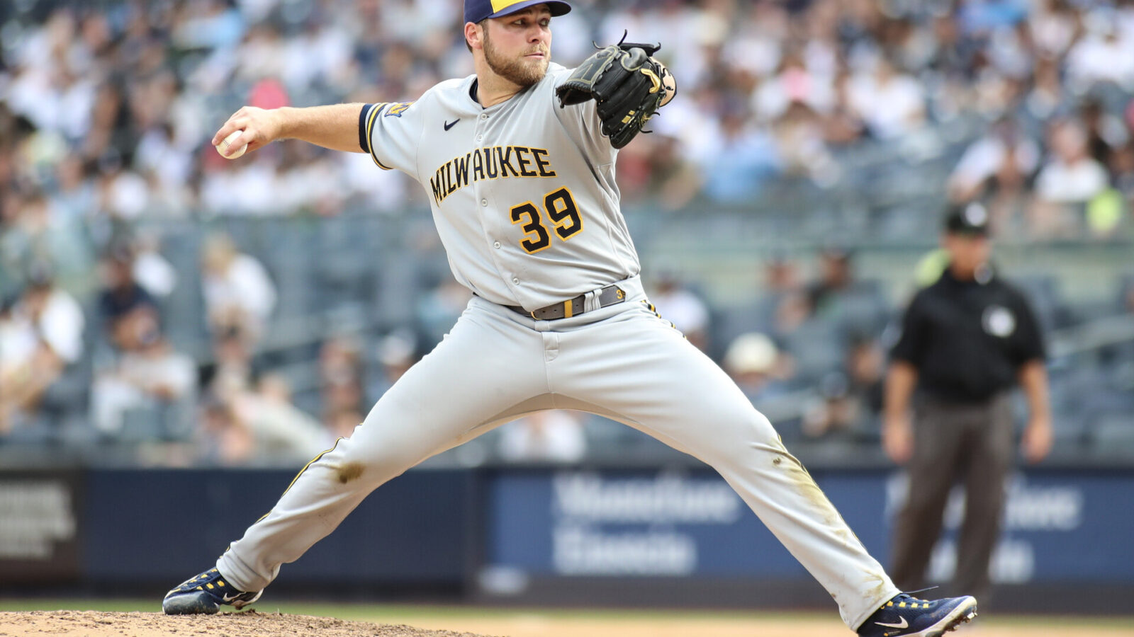 Sep 10, 2023; Bronx, New York, USA; Milwaukee Brewers starting pitcher Corbin Burnes (39) pitches in the eighth inning against the New York Yankees at Yankee Stadium.