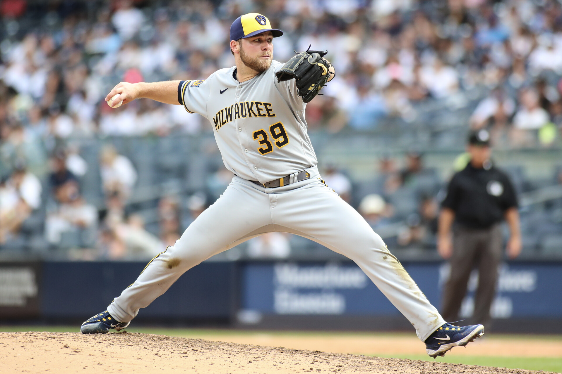 Sep 10, 2023; Bronx, New York, USA; Milwaukee Brewers starting pitcher Corbin Burnes (39) pitches in the eighth inning against the New York Yankees at Yankee Stadium.