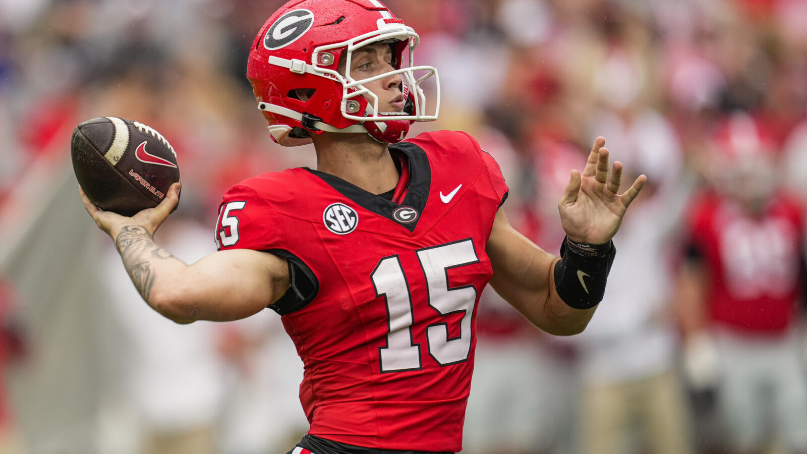 Sep 16, 2023; Athens, Georgia, USA; Georgia Bulldogs quarterback Carson Beck (15) passes the ball against the South Carolina Gamecocks during the first half at Sanford Stadium.