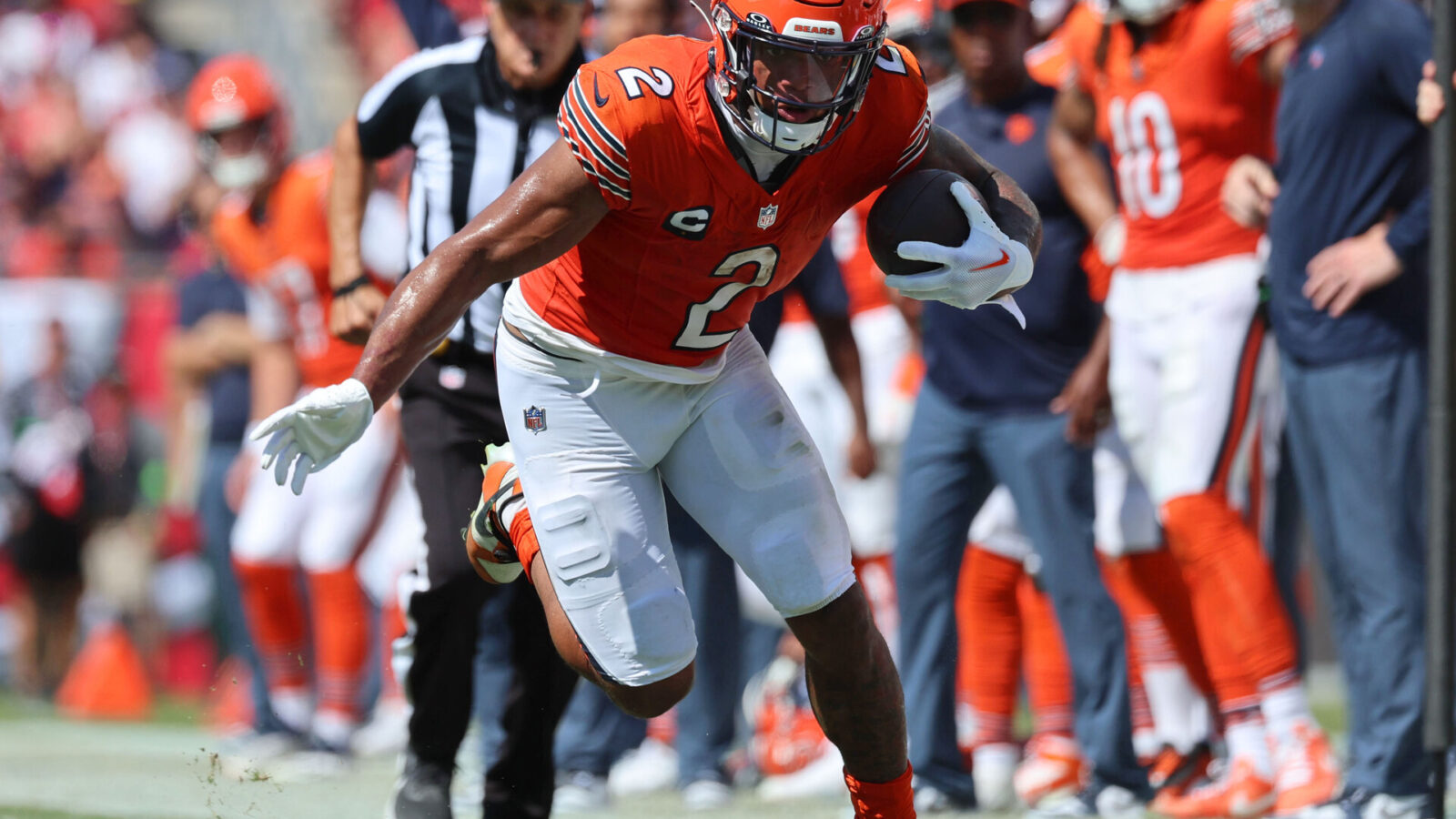 Sep 17, 2023; Tampa, Florida, USA; Chicago Bears wide receiver DJ Moore (2) runs along the sideline during the second half against the Tampa Bay Buccaneers at Raymond James Stadium.
