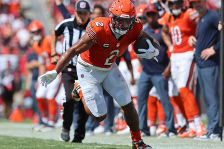 Sep 17, 2023; Tampa, Florida, USA; Chicago Bears wide receiver DJ Moore (2) runs along the sideline during the second half against the Tampa Bay Buccaneers at Raymond James Stadium.