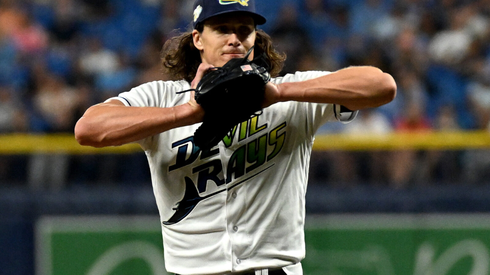 Tampa Bay Rays pitcher Tyler Glasnow (20) reacts after walking in a run in the sixth inning against the Toronto Blue Jays at Tropicana Field.