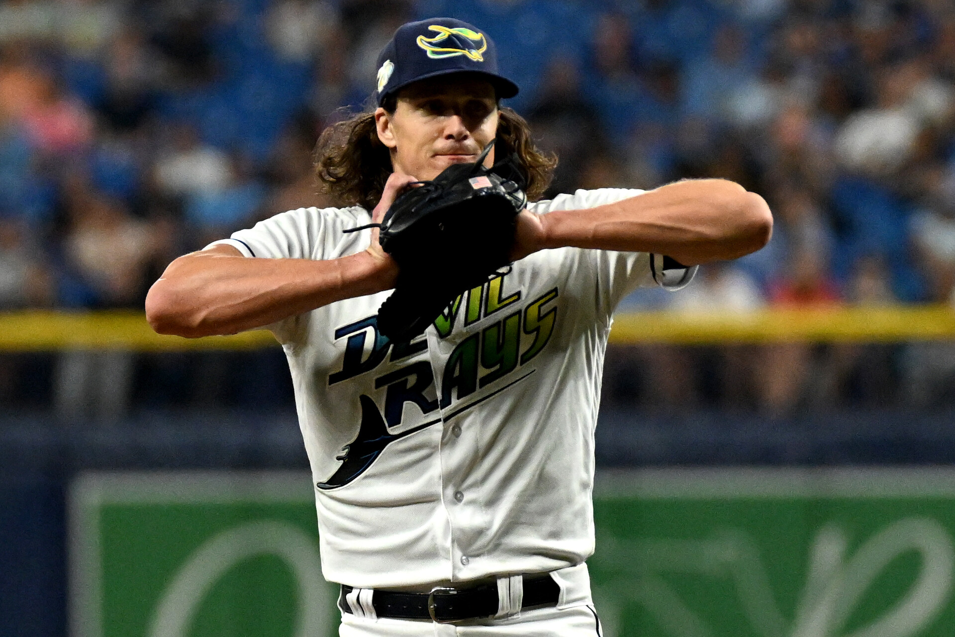 Tampa Bay Rays pitcher Tyler Glasnow (20) reacts after walking in a run in the sixth inning against the Toronto Blue Jays at Tropicana Field.