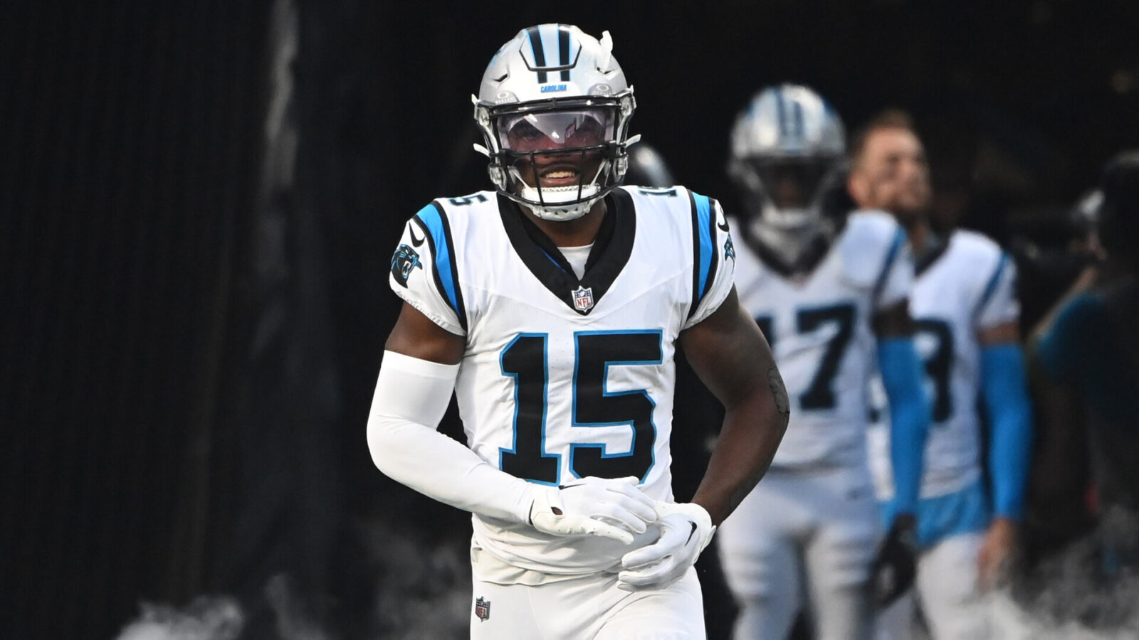 Sep 18, 2023; Charlotte, North Carolina, USA; Carolina Panthers wide receiver Jonathan Mingo (15) runs on to the field before the game at Bank of America Stadium.