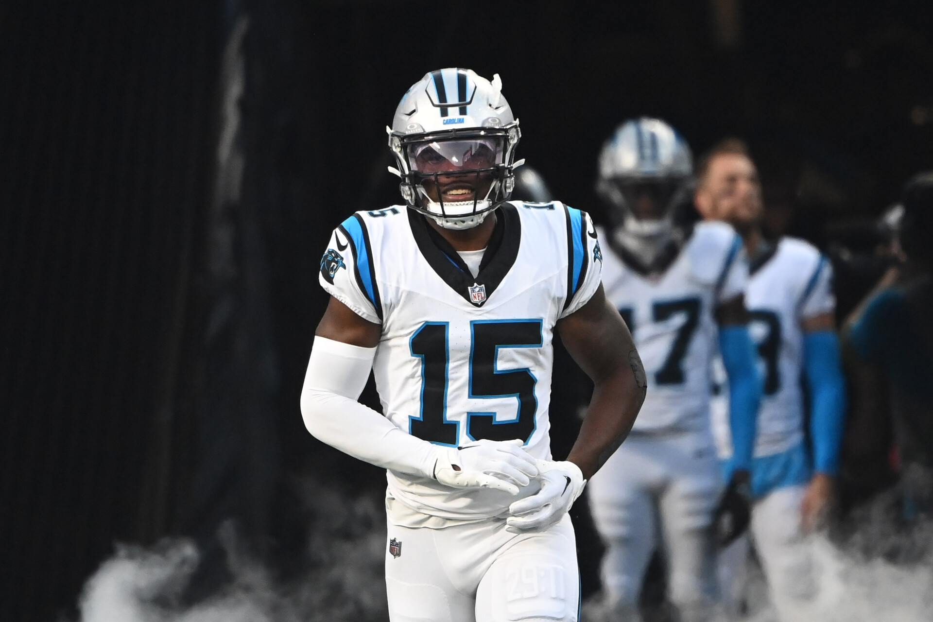 Sep 18, 2023; Charlotte, North Carolina, USA; Carolina Panthers wide receiver Jonathan Mingo (15) runs on to the field before the game at Bank of America Stadium.