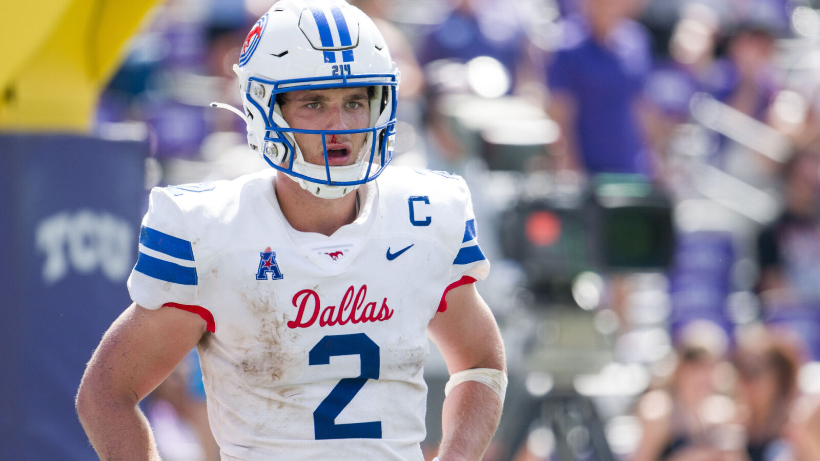 SMU Mustangs quarterback Preston Stone (2) looks to the sidelines after he is sacked by the TCU Horned Frogs defense during the second half at Amon G. Carter Stadium.