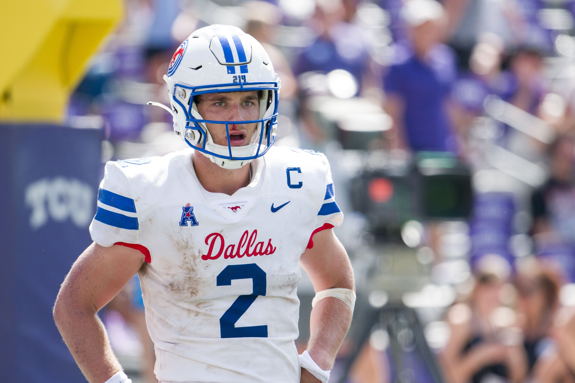 SMU Mustangs quarterback Preston Stone (2) looks to the sidelines after he is sacked by the TCU Horned Frogs defense during the second half at Amon G. Carter Stadium.
