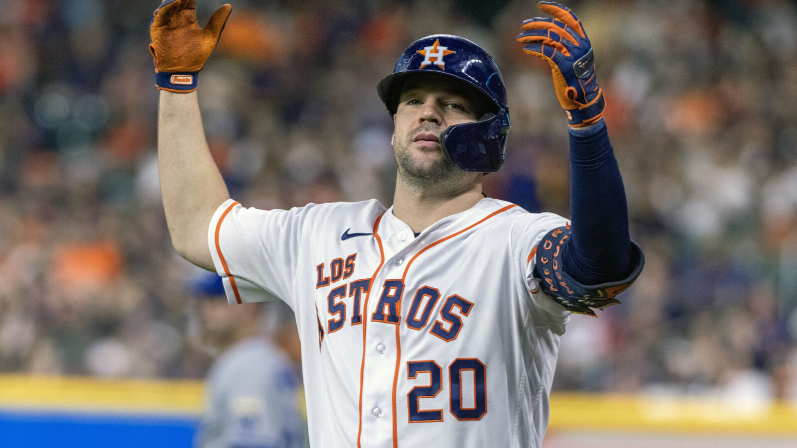 Houston Astros left fielder Chas McCormick (20) reacts to being called out on interference while running to first base against the Kansas City Royals in the fourth inning at Minute Maid Park.