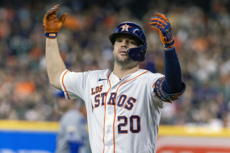 Houston Astros left fielder Chas McCormick (20) reacts to being called out on interference while running to first base against the Kansas City Royals in the fourth inning at Minute Maid Park.