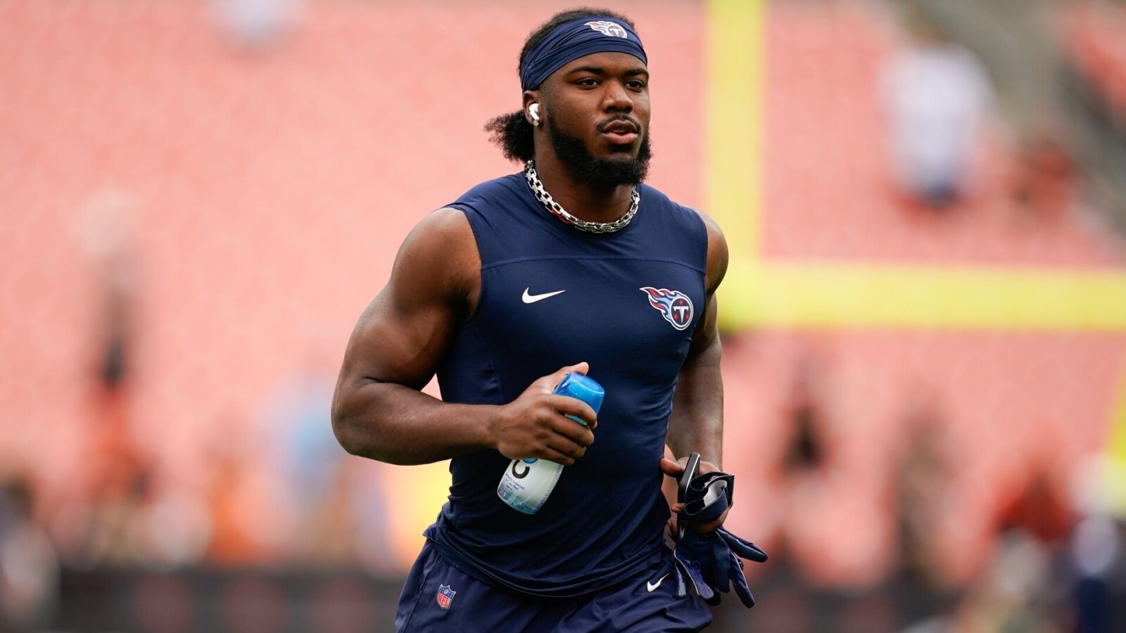 Tennessee Titans linebacker Azeez Al-Shaair (2) warms up as the team gets ready to face the Cleveland Browns in Cleveland, Ohio, Sunday, Sept. 24, 2023.