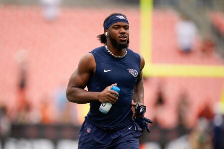 Tennessee Titans linebacker Azeez Al-Shaair (2) warms up as the team gets ready to face the Cleveland Browns in Cleveland, Ohio, Sunday, Sept. 24, 2023.