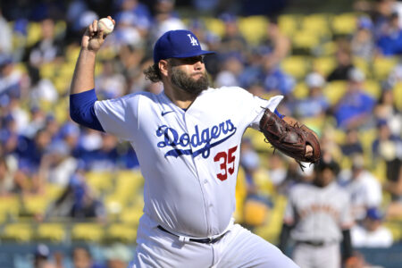 Sep 24, 2023; Los Angeles, California, USA; Los Angeles Dodgers starting pitcher Lance Lynn (35) delivers in the first inning against the San Francisco Giants at Dodger Stadium.