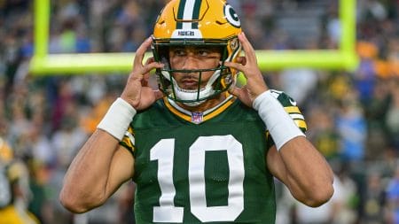 Green Bay Packers quarterback Jordan Love (10) before playing against the Detroit Lions at Lambeau Field.