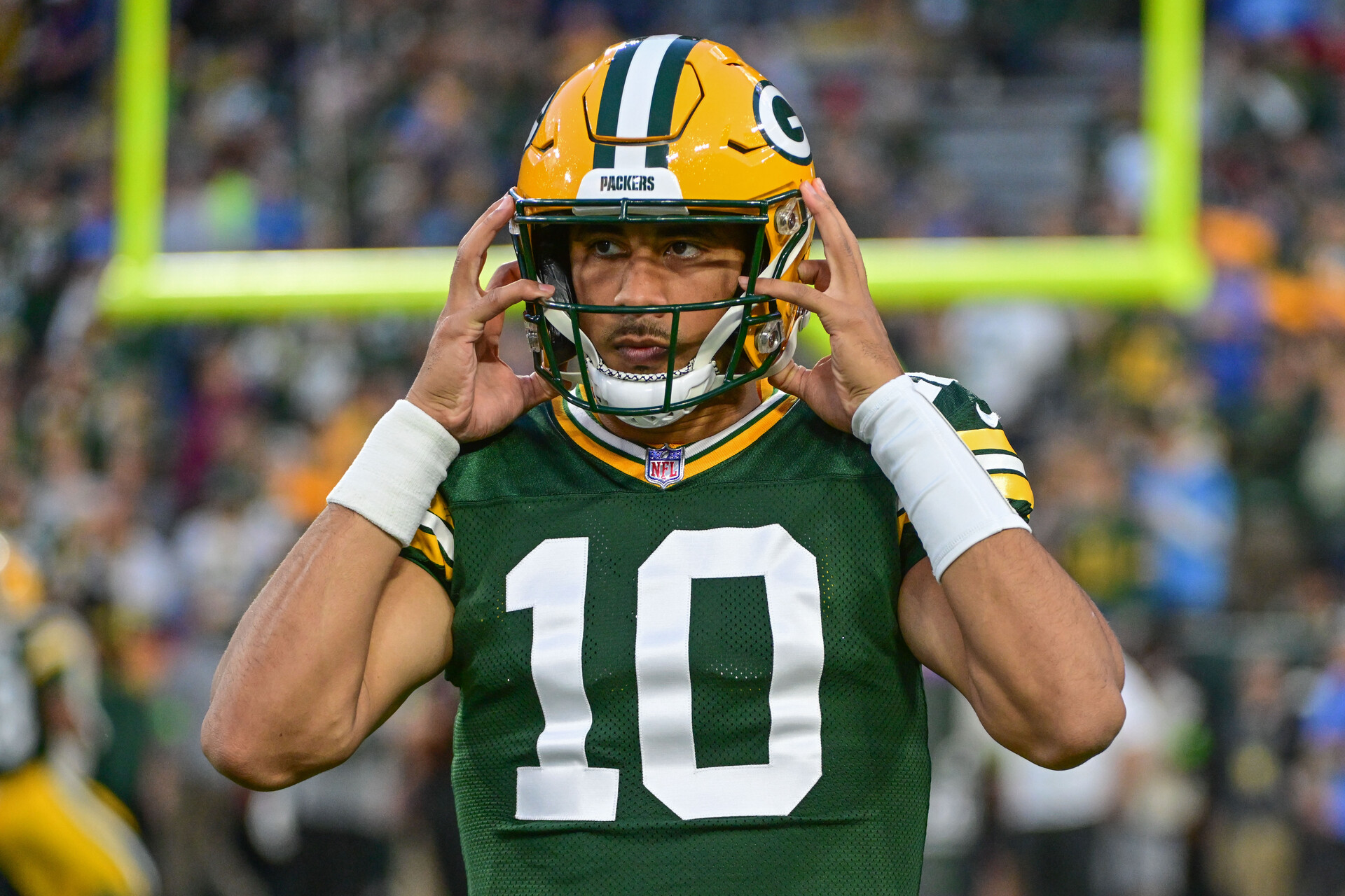 Green Bay Packers quarterback Jordan Love (10) before playing against the Detroit Lions at Lambeau Field.