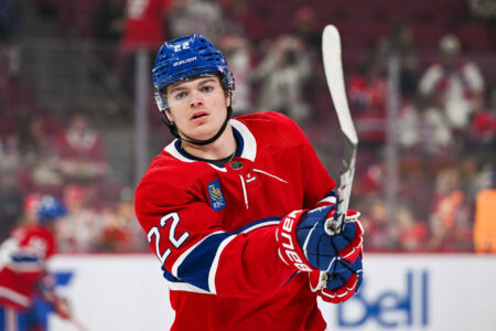 Montreal Canadiens right wing Cole Caufield (22) looks on during warm-up before the game against the Toronto Maple Leafs at Bell Centre.