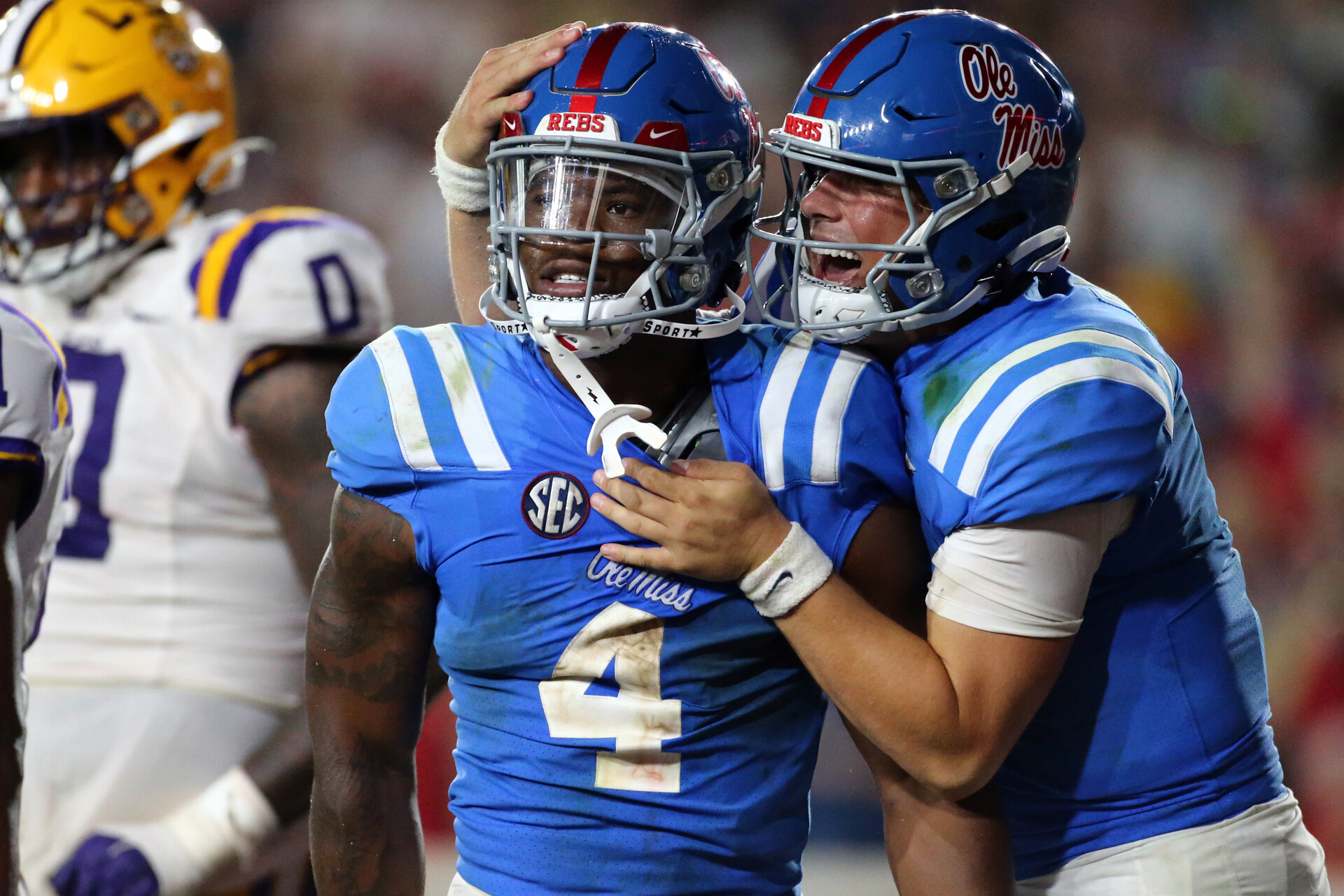 Mississippi Rebels quarterback Jaxson Dart (2) celebrates with running back Quinshon Judkins (4) after a touchdown during the second half against the LSU Tigers at Vaught-Hemingway Stadium.