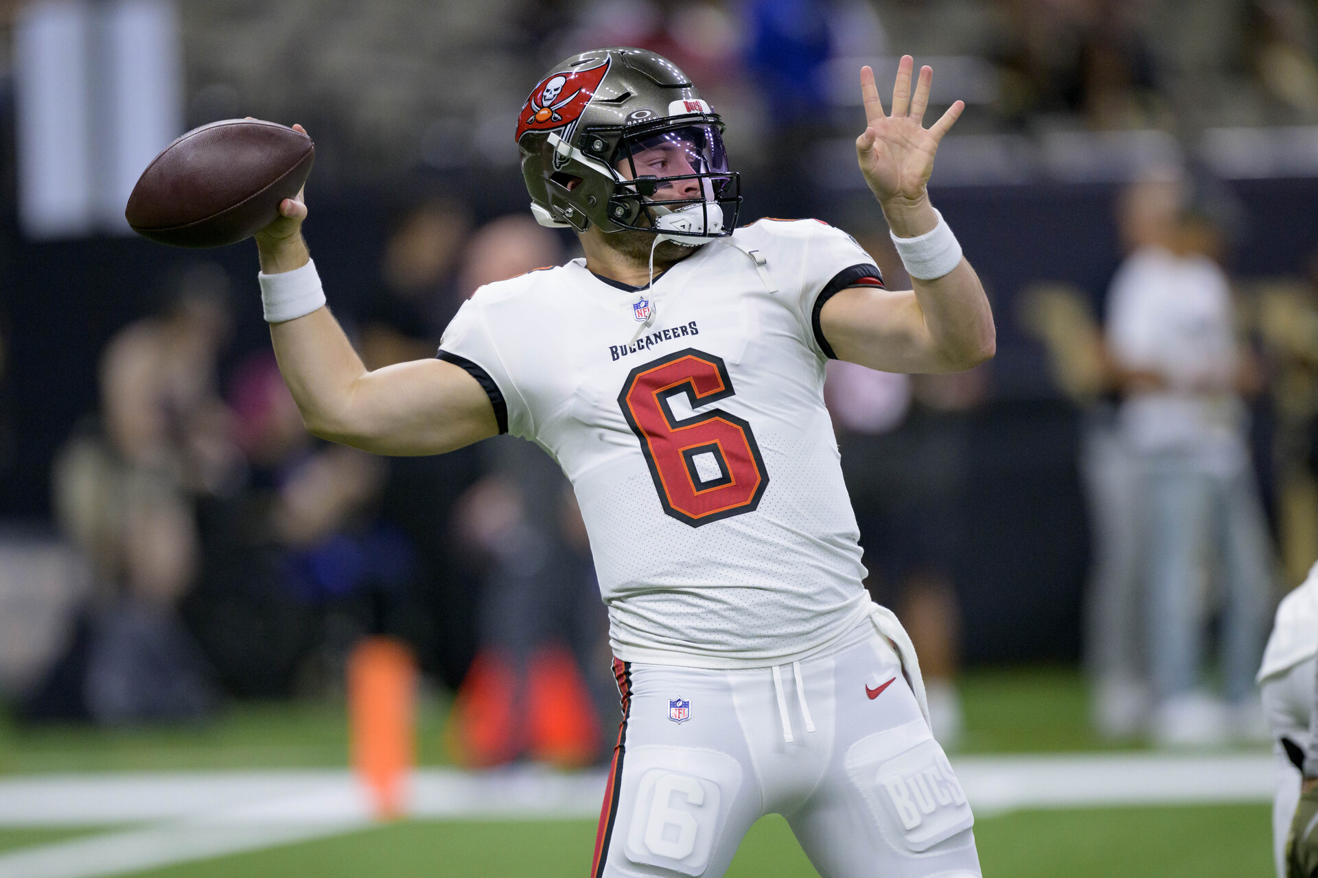 Oct 1, 2023; New Orleans, Louisiana, USA; Tampa Bay Buccaneers quarterback Baker Mayfield (6) warms up before a game against the New Orleans Saints at Caesars Superdome.