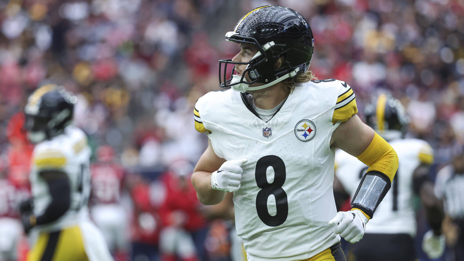 Oct 1, 2023; Houston, Texas, USA; Pittsburgh Steelers quarterback Kenny Pickett (8) jogs off the field after a play during the first quarter against the Houston Texans at NRG Stadium.
