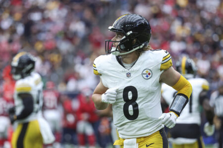 Oct 1, 2023; Houston, Texas, USA; Pittsburgh Steelers quarterback Kenny Pickett (8) jogs off the field after a play during the first quarter against the Houston Texans at NRG Stadium.